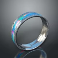 Sleek Modern Silver Metal Ring With Colorful Reflective Stripes And Cracked Pattern Design