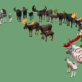 Group of Moose with Various Sizes Different Colors and Yellow Dark Antlers on Green Background