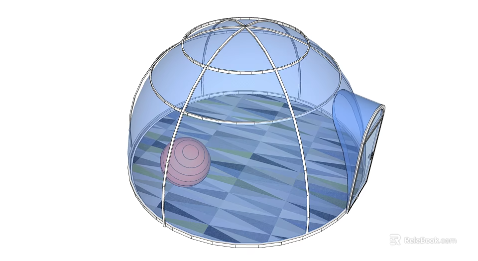Transparent Dome Structure With Pink Spiral Object And Blue Green Geometric Floor 3d model 
