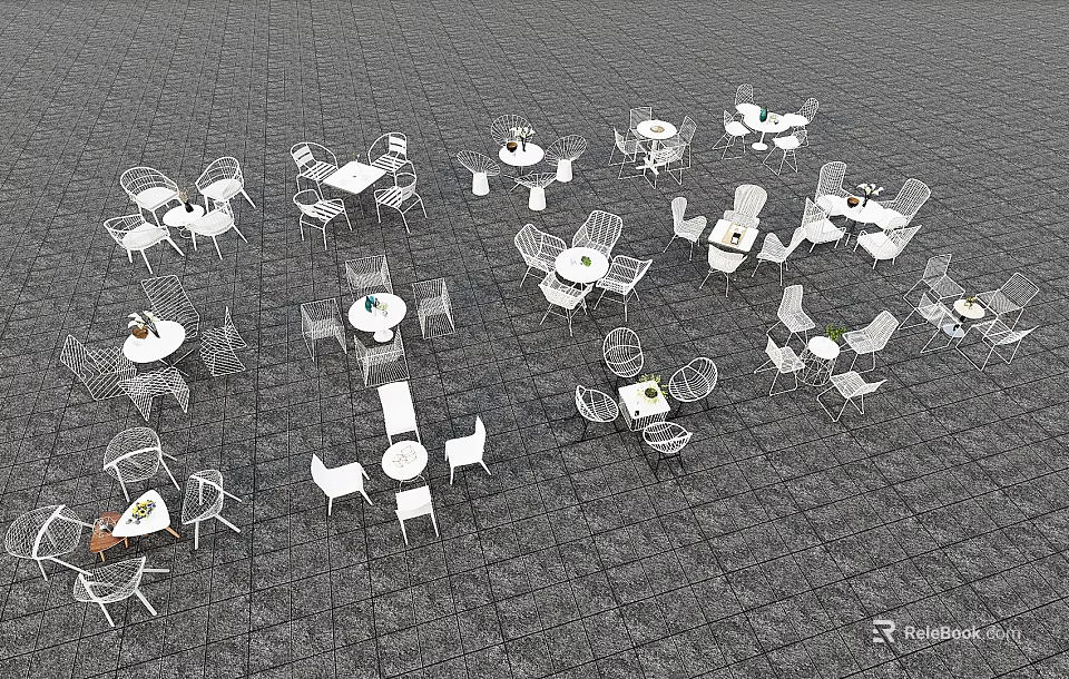 White Outdoor Table And Chair Sets Arranged In Neat Open Space 3d model 