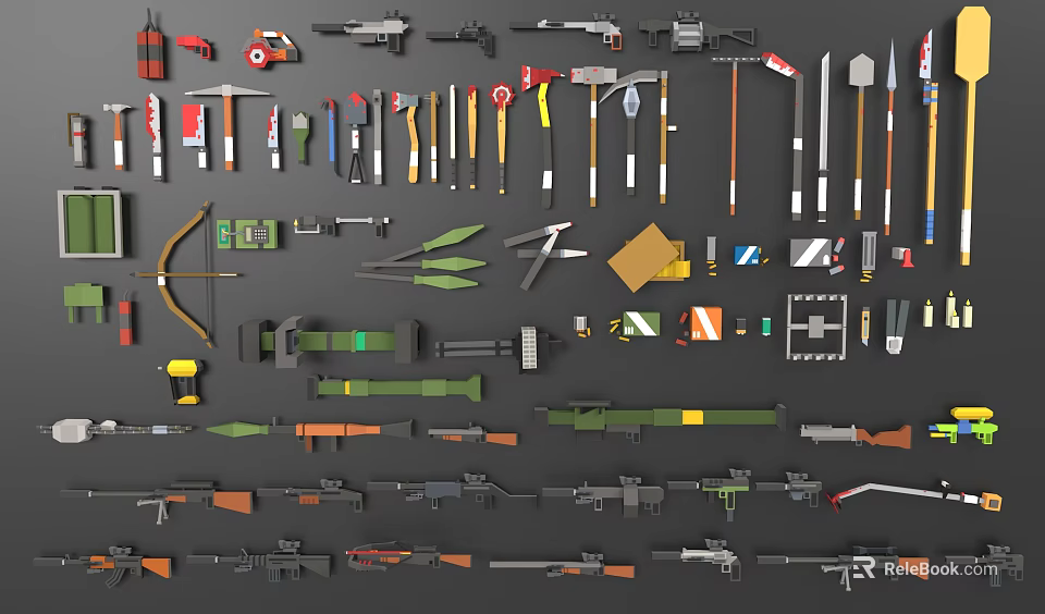 Diverse Collection of Weapons Featuring Firearms Blades Bows and Tactical Accessories 3d model 