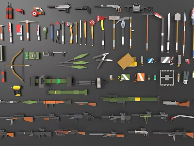 Diverse Collection of Weapons Featuring Firearms Blades Bows and Tactical Accessories 3d model