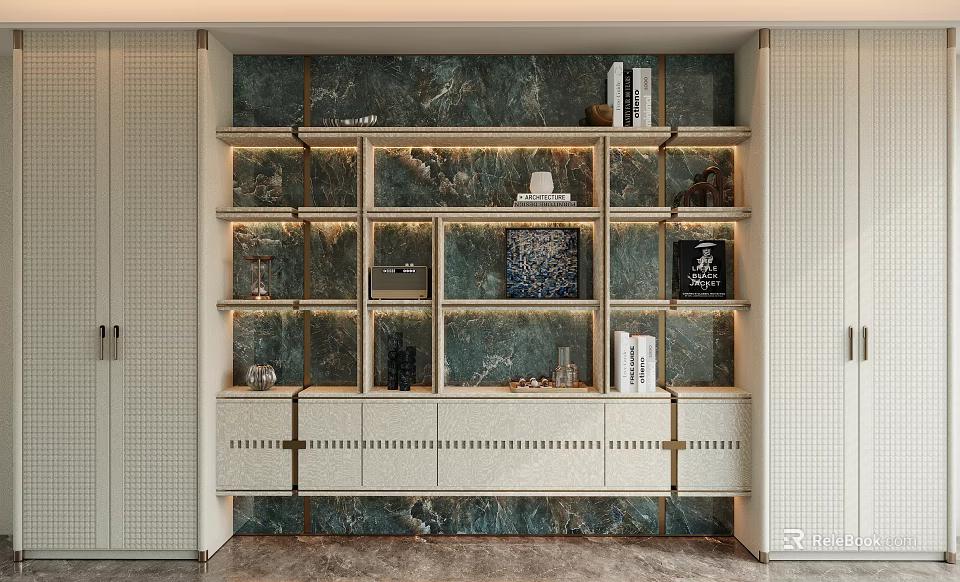 Elegant Modern Bookcase With Marble Backdrop Layered Shelves And White Base 3d model 