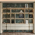 Elegant Modern Bookcase With Marble Backdrop Layered Shelves And White Base