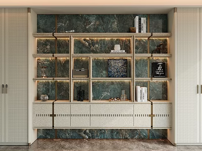 Elegant Modern Bookcase With Marble Backdrop Layered Shelves And White Base 3d model