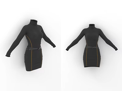 Black High Neck Long Sleeve Dress With Waist Belt And Yellow Lines 3d model