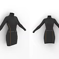Black High Neck Long Sleeve Dress With Waist Belt And Yellow Lines