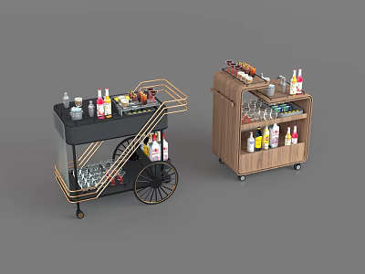 Modern Mobile Commercial Service Carts With Storage Shelves Bottles And Glasses 3d model