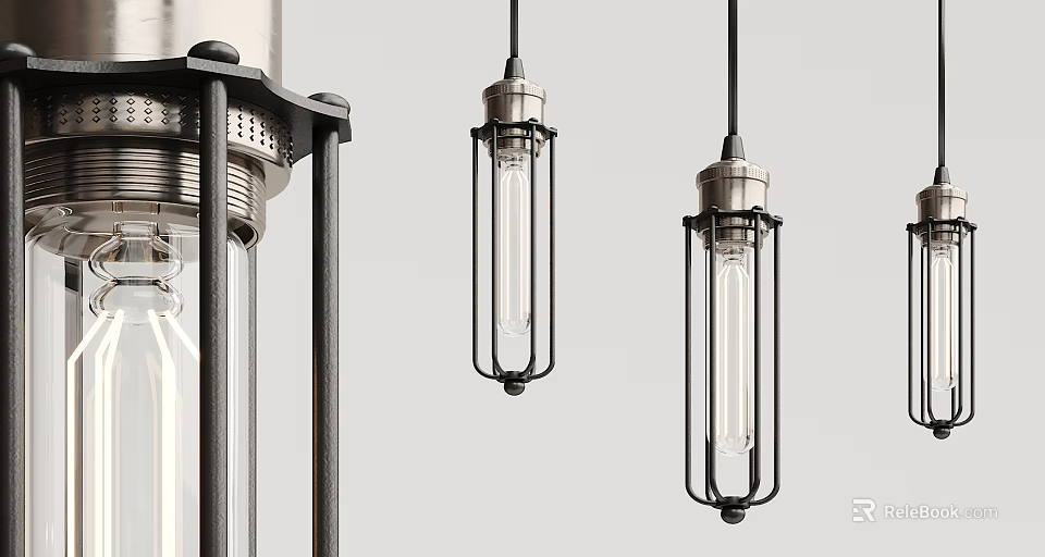 Industrial Style Hanging Pendant Light With Metal Cage Frame And Vintage Filament Bulb 3d model 