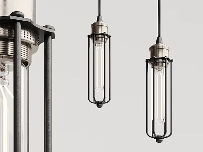 Industrial Style Hanging Pendant Light With Metal Cage Frame And Vintage Filament Bulb 3d model