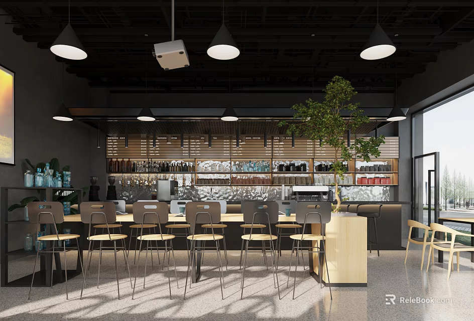 Modern Café Interior Design With Bar Counter Pendant Lights And Green Plant 3d model 