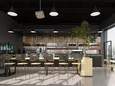 Modern Café Interior Design With Bar Counter Pendant Lights And Green Plant 3d model