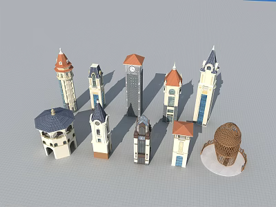 Various Architectural Tower Models With Diverse Roof Styles And Designs 3d model
