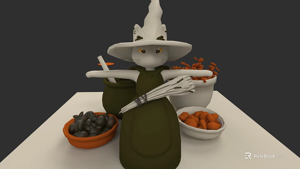 White Cat Witch Character With Small Orange Creatures And Brooms Near Bowls 3d model 