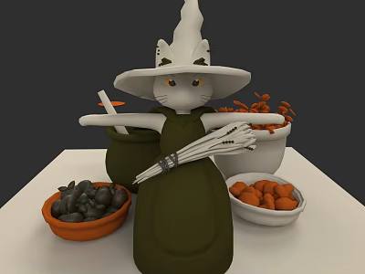 White Cat Witch Character With Small Orange Creatures And Brooms Near Bowls 3d model