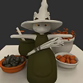 White Cat Witch Character With Small Orange Creatures And Brooms Near Bowls