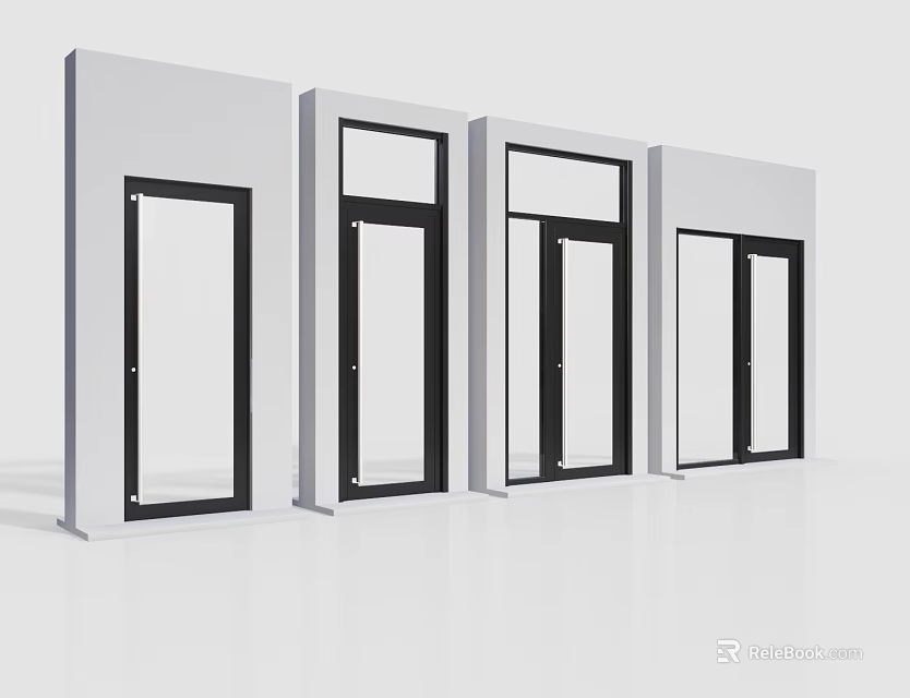 Sleek Modern Doors In Different Styles With Black Frames And White Walls 3d model