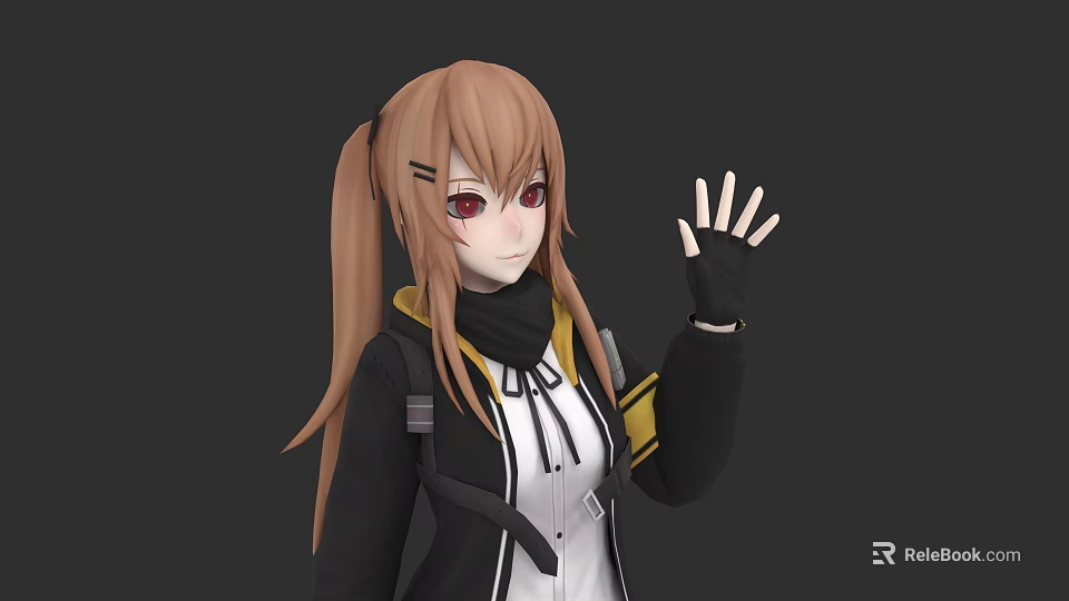 Game And Movie Character With Brown Twin Ponytails Red Eyes Black Coat And Waving Hand 3d model 