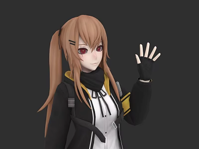 Game And Movie Character With Brown Twin Ponytails Red Eyes Black Coat And Waving Hand 3d model