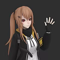 Game And Movie Character With Brown Twin Ponytails Red Eyes Black Coat And Waving Hand