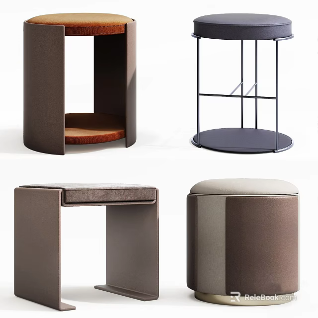 Modern Minimalist Leather Velvet Stools With Geometric Shapes And Metal Frame 3d model 