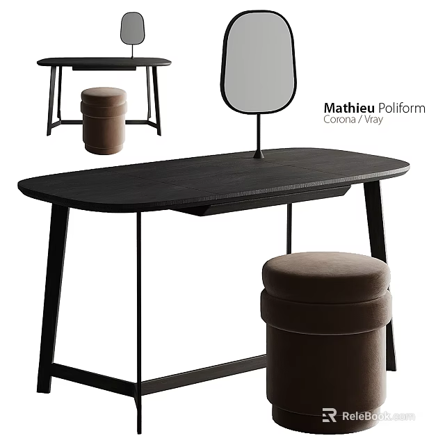 Modern Black Dressing Table With Mirror Sleek Frame And Brown Stool Design 3d model 
