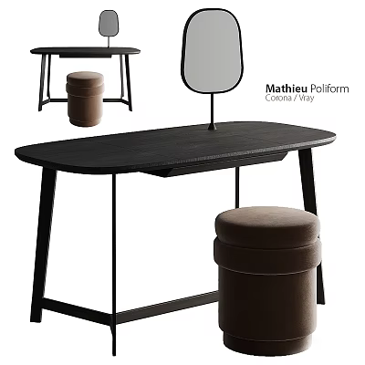 Modern Black Dressing Table With Mirror Sleek Frame And Brown Stool Design 3d model
