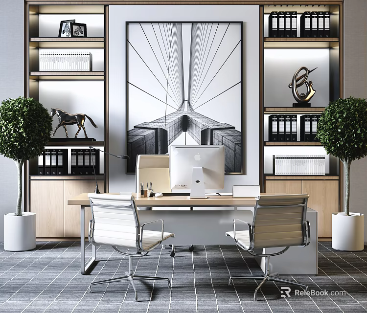Office Desk With Computer Monitor Office Supplies Chair Potted Plant Decorative Sculpture And Wall Art 3d model 