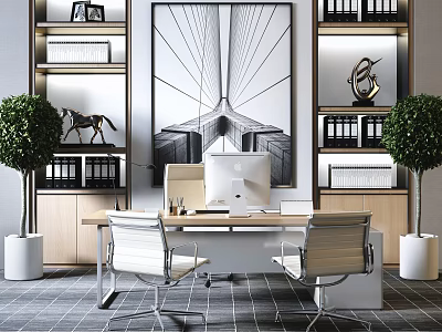 Office Desk With Computer Monitor Office Supplies Chair Potted Plant Decorative Sculpture And Wall Art 3d model