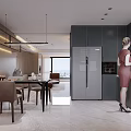 Modern Open Dining and Living Room Interior With Gray Cabinets Wooden Table And Leather Chairs