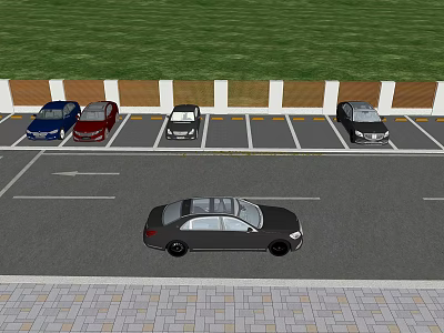 Parking Lot Scene With Cars Parked In Spaces Parking Lines Arrow Indicators Grass Background Fence 3d model