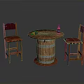 Cozy Interior Barrel-Shaped Round Table With Two Wooden Padded Chairs And Wine Bottle