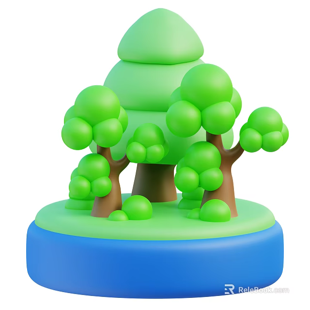 Cartoon Style 3D Model With Green Trees Brown Trunks And Blue Base 3d model
