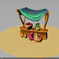 Wooden Market Stall With Blue Canopy Clay Pots Green Jug And Sandy Ground