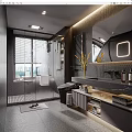 Modern Bathroom Interior with Glass Shower Large Mirror Marble Countertop Storage Cabinets and Window Blinds