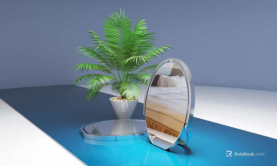 Decorative Oval Mirror With Green Palm Plant On Blue Surface Reflecting Bedroom And Pillows 3d model 