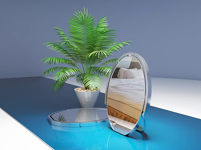 Decorative Oval Mirror With Green Palm Plant On Blue Surface Reflecting Bedroom And Pillows 3d model