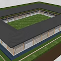 Modern Square Pergola With Dark Sloped Roof And Green Courtyard Trees
