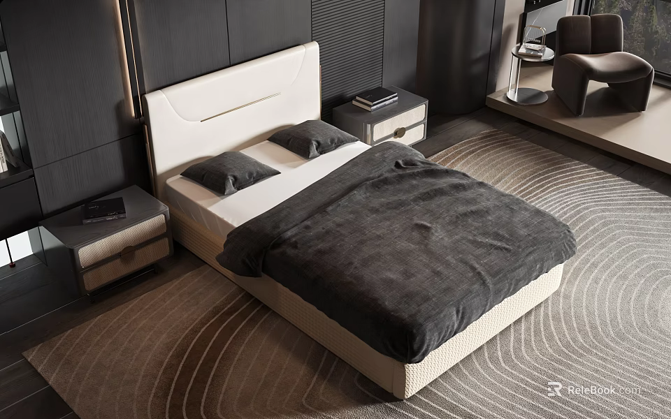 Modern Minimalist Bedroom Interior With White Headboard Double Bed Gray Pillows And Black Blanket 3d model 