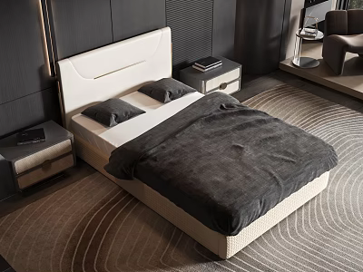 Modern Minimalist Bedroom Interior With White Headboard Double Bed Gray Pillows And Black Blanket 3d model