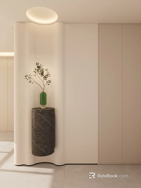 Elegant Modern Entryway Hallway With Gray Stone Pedestal Green Vase And Branches Against Light Walls 3d model 
