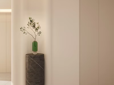 Elegant Modern Entryway Hallway With Gray Stone Pedestal Green Vase And Branches Against Light Walls 3d model
