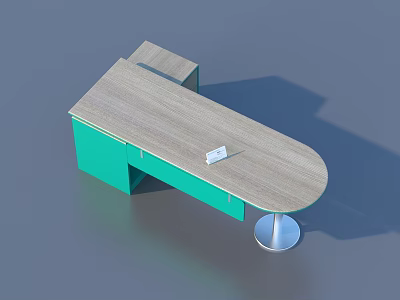 Modern Office Desk With Wooden Top Green Cabinet Metal Base And Small Note On Surface 3d model