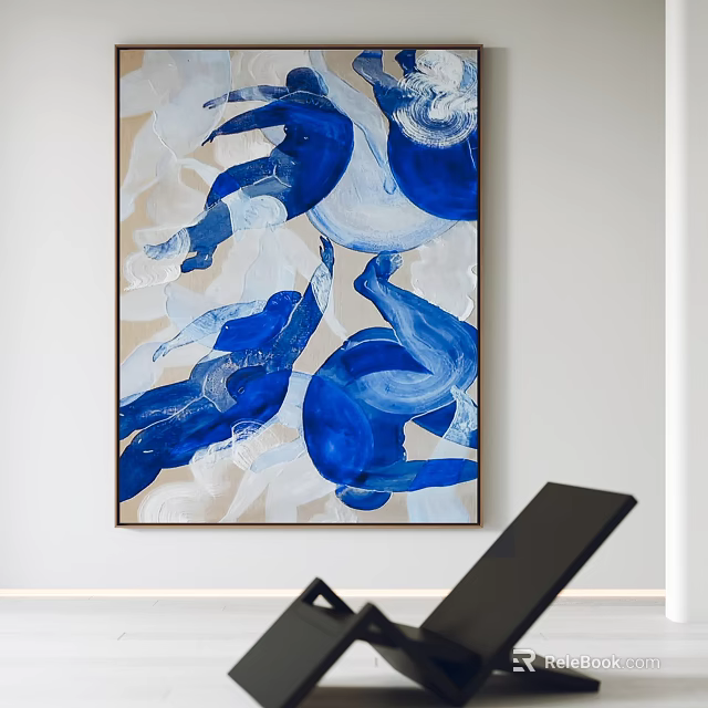 Modern Abstract Painting With Blue And Beige Flowing Abstract Forms On Wall 3d model