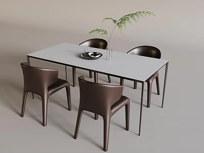 Modern Dining Table Set With White Top Black Legs And Four Brown Chairs 3d model