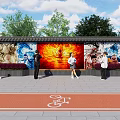 Scenic Wall with Colorful Murals Surrounded by Trees Blue Sky People Viewing Artworks on Pathway