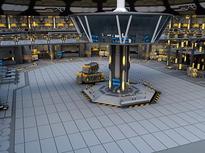 Futuristic Sci-Fi Indoor Facility With Central Tower Industrial Equipment And Tiled Floor 3d model