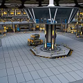 Futuristic Sci-Fi Indoor Facility With Central Tower Industrial Equipment And Tiled Floor