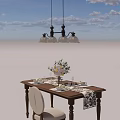 Cozy Wooden Dining Table And Chairs Set With Table Runner Flower Vase And Chandelier