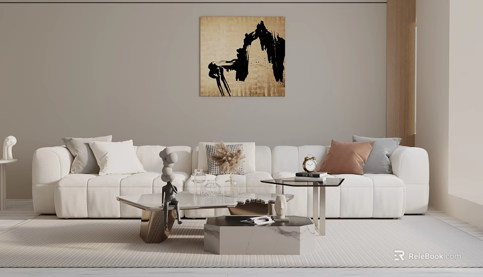 Modern Living Room Interior With White Three Seater Sofa Plush Pillows And Coffee Table 3d model 